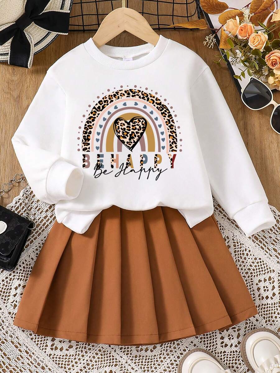 Áo nỉ cổ tròn in chữ cho bé gái và chân váy mini xếp ly - Màu vàng - Xem 1