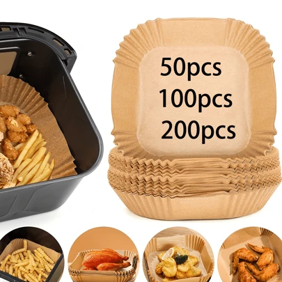 50/100/200 piezas, Forros desechables cuadrados para freidora de aire (6.3in/8in), forro de papel para ollas de freidora de aire, cuencos de papel para cestas, bandejas para hornear, accesorios para horno, herramientas para hornear, utensilios de cocina, accesorios de cocina