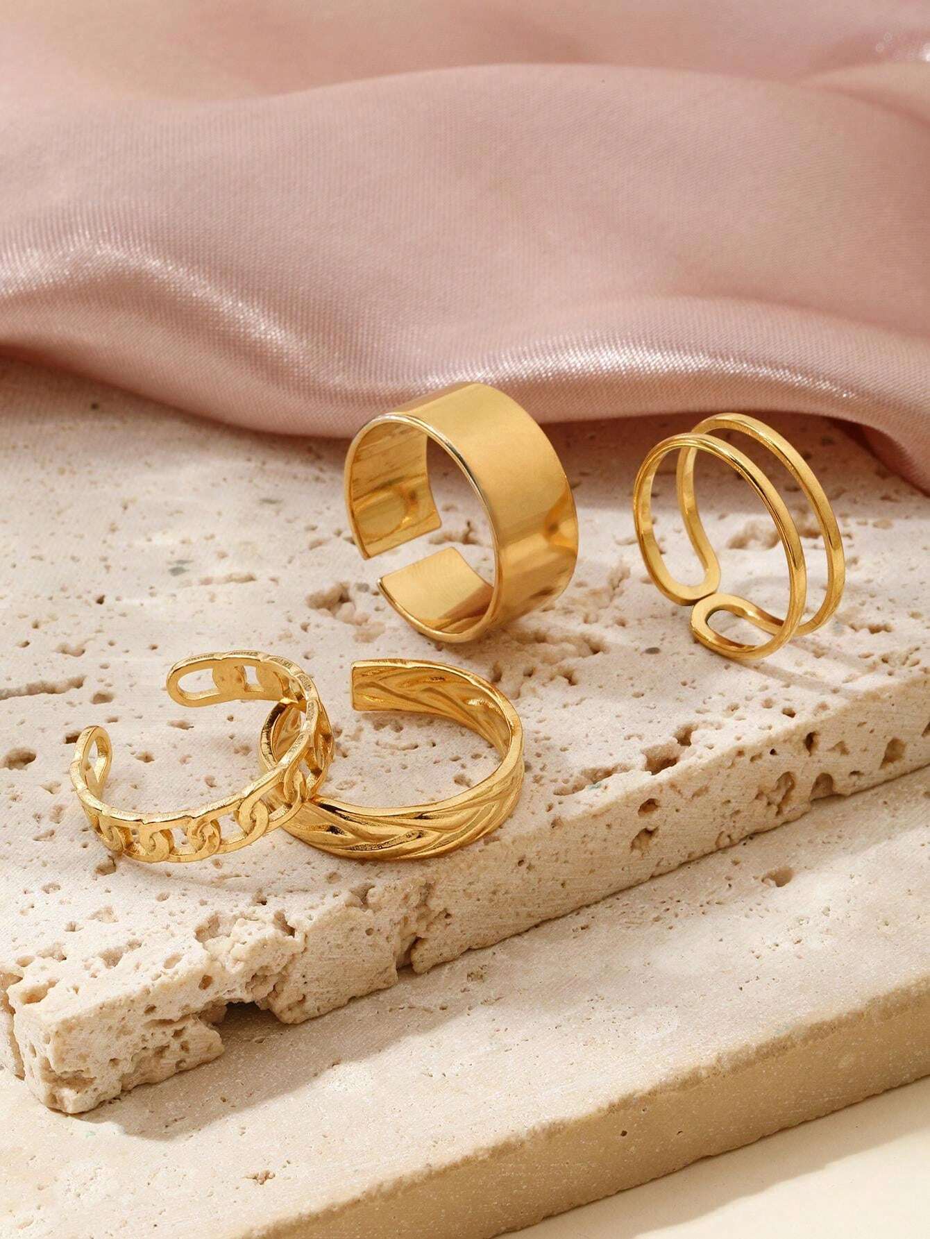Shein Rring Gold 4pcs/Set Bohemian Style 18K Gold Plated Stainless Steel Cut-Out ...