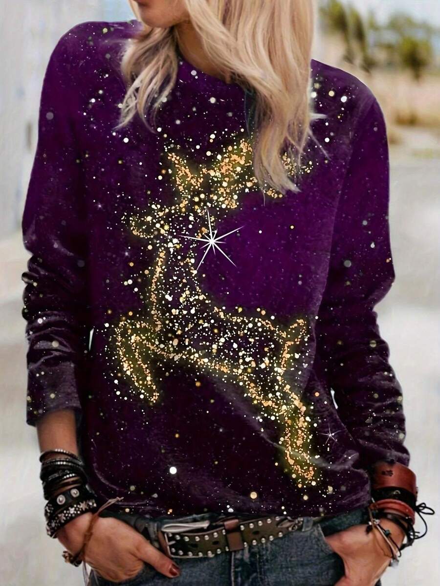 大码时尚鹿印花圆领长袖 T 恤，休闲日常穿着 - 紫色 - 查看 1