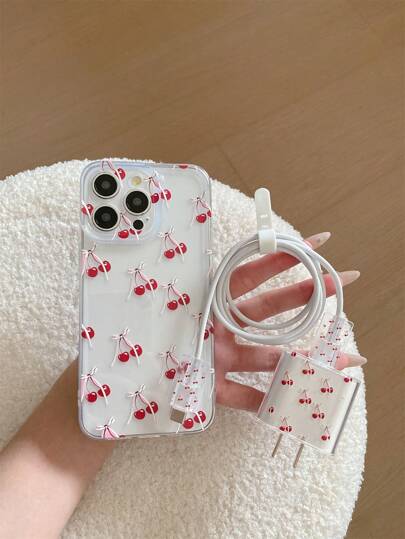 Juego de accesorios de 5 en 1 para funda de teléfono: (1 pieza Funda de protección completa para cámara) + (1 pieza Cubierta del adaptador de cargador Apple + 2 piezas Protectores del puerto de cable de datos + 1 pieza Correa organizadora de cable de silicona) Con diseño personalizado de flor de cerezo impreso por UV compatible con iPhone