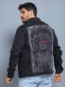 Men's Denim Jacket With Chest Pocket - 黑色 - 查看 2