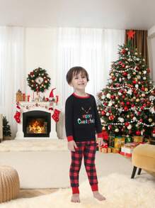 Tween Boy 2pcs Christmas Family Matching Snug Fit Pajamas Set, Fun Antler Plaid Print Long Sleeve Shirt & Long Pants, Comfortable Casual Holiday Loungewear - Black - View 4