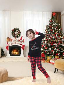 Tween Boy 2pcs Christmas Family Matching Snug Fit Pajamas Set, Fun Antler Plaid Print Long Sleeve Shirt & Long Pants, Comfortable Casual Holiday Loungewear - Black - View 5