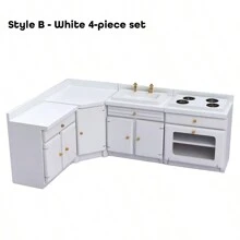 1/12 Scale Wooden Dollhouse Miniature Kitchen Furniture Set - Includes Cabinet, Refrigerator, Stove, Sink And Counter, Suitable For Decorative Dollhouse, Pink Color