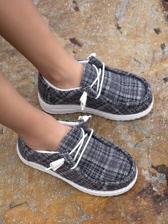 1 Pair Unisex Vintage Plaid Slip-On Casual Sneakers With Thermal Lined , Suitable For Boys And Girls, Outdoor And Casual Wear, Autumn/Winter