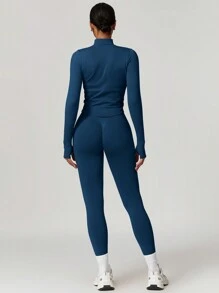 MASKERT 女士无缝紧身运动上衣和打底裤套装，高弹力运动服，适合跑步、健身、瑜伽，舒适亲肤 - 藏蓝色 - 查看 3