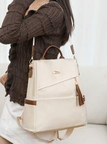 Ba lô nữ phong cách retro thời trang mới năm 2024, kiểu dáng đơn giản với tua rua, túi đeo vai nữ mềm mại, sang trọng, hàng hiệu cao cấp. - Màu be - Xem 8