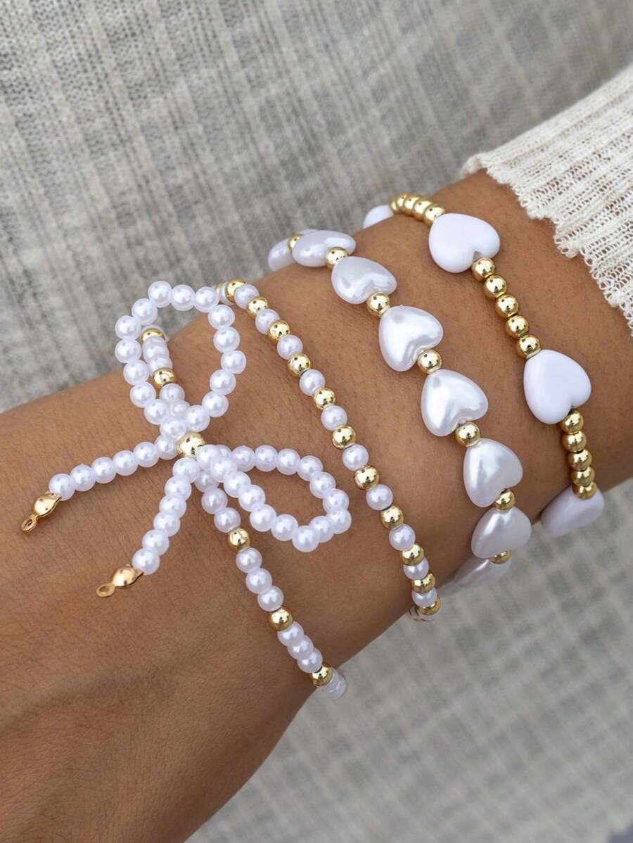 6pcs Women's Faux Pearl Bowknot, Resin Heart & Round Beaded Bracelet Set, Elegant For Party Wear