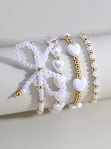 6pcs Women's Faux Pearl Bowknot, Resin Heart & Round Beaded Bracelet Set, Elegant For Party Wear