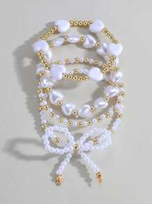 6pcs Women's Faux Pearl Bowknot, Resin Heart & Round Beaded Bracelet Set, Elegant For Party Wear