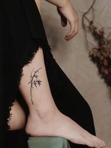 1 pieza Tatuaje temporal impermeable con diseño de líneas minimalistas y bambú, apropiado para líderes de moda - Negro - Ver 3