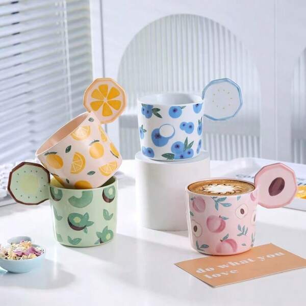 1 pièce Tasse de 375 ml avec design de fruit en céramique simple et confortable, tasse de couple avec poignée créative en forme de tranche de fruit, tasse à café pour la maison, tasse à lait pour le petit-déjeuner, bouteille d'eau de bureau de haute qualité, cadeau de festival