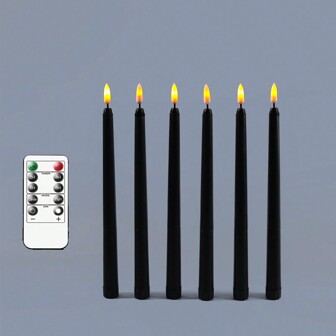 Pack Of 6 Black Flameless Halloween Candles With Remote Control,Plastic Realistic Flickering Yellow Light Fake LED Taper Candles For  Garden Home Decoration Halloween Decoration Room Decor Halloween Garden Decor For Gift Fairy Holiday Decor Festival Decor