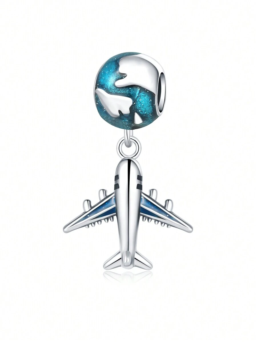 Silver Plated Charm Airplane Starry Sky Earth Blue Beads Charm Pendant Ball Suitable For Bracelets DIY Women's Jewelry - Silver - View 1
