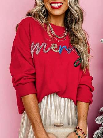女士嘉年华火红色闪亮快乐字母落肩宽松毛衣