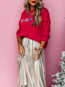 Women's Carnival Fiery Red Tinsel Merry Letter Drop Shoulder Baggy Sweater - Red - View 6