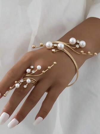 Set Of Cute Line Pearl Bracelet & Ring, Ladies Party Gift