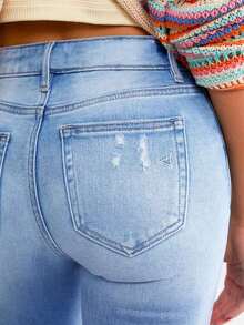 新款破洞修身弹力牛仔裤，时尚百搭的女士牛仔裤 - 淺藍色 - 查看 6