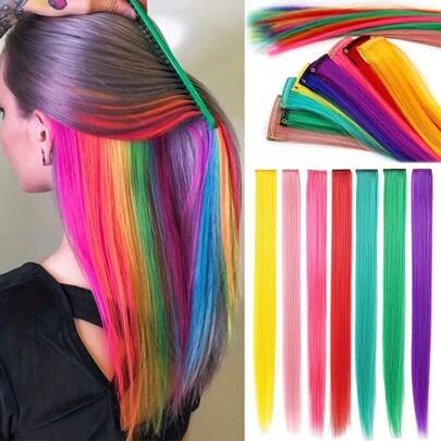 7 PIEZAS Extensiones de cabello sintéticas rectas y largas de colores del arcoíris con clips, para niñas y mujeres, accesorios para el cabello de colores llamativos para fiestas