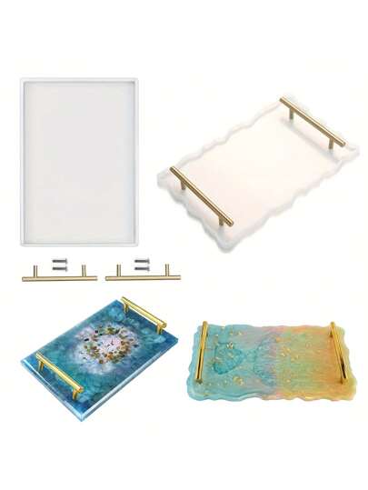 大号矩形硅胶托盘模具 - 深扁平树脂铸造模具，带金色/银色手柄 - 非常适合珠宝展示、树脂艺术和手工艺项目