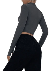 女士户外休闲高领长袖半拉链短款性感修身 T 恤 - 灰色 - 查看 5