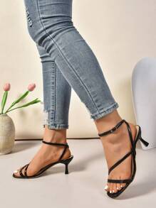Women's Fashion Black Leather Comfortable Open Toe Criss-Cross Buckle High Heel Sandals