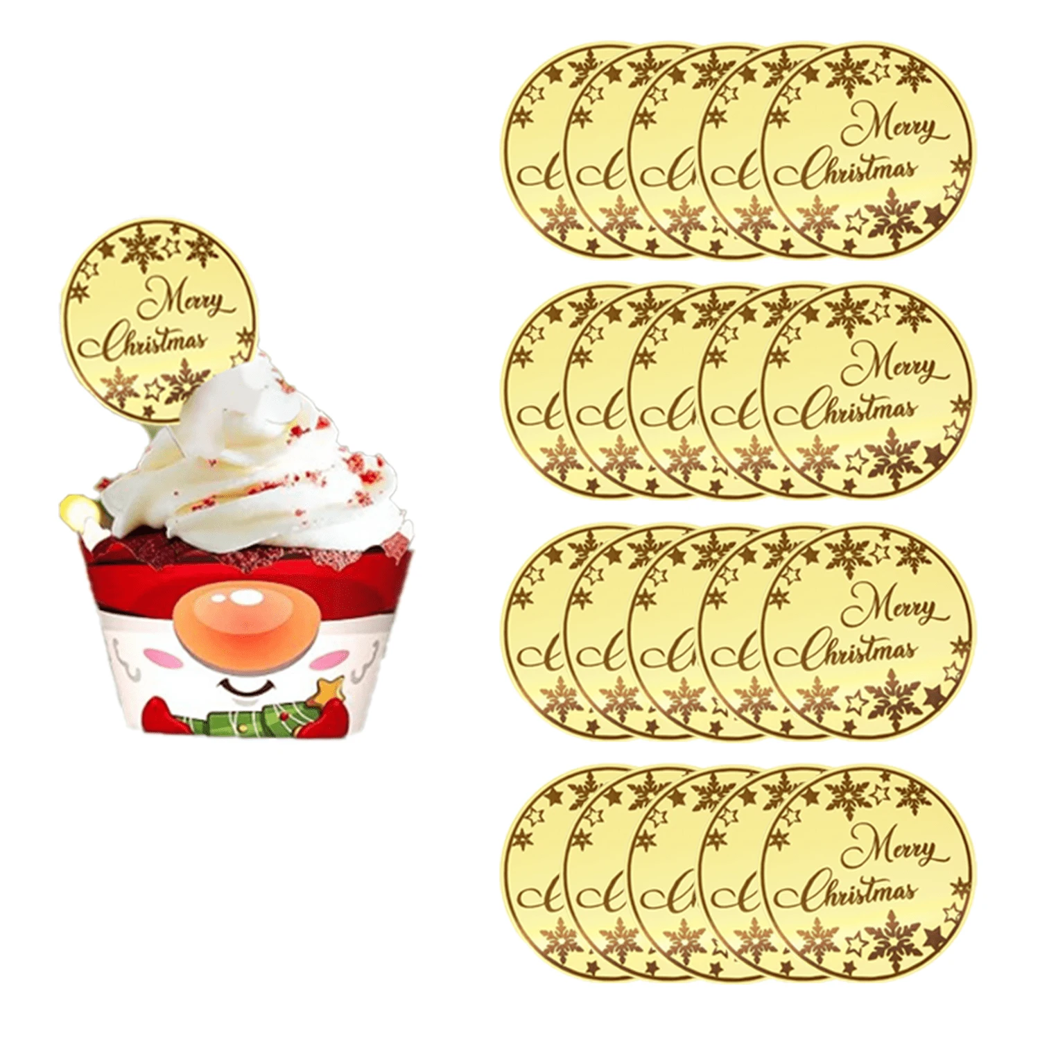 20 Pieces Gold Merry Christmas Acrylic Cupcake Toppers Snowflake Shapes Round Mirror Engraved Cake Topper Cupcake Decorations For Christmas Party,Christmas