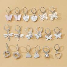 Gold Silver Heart Butterfly Hoop Earring Set Small Earrings For Women Jewelry Accessories - 銀色 - 查看 3