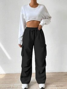 Women's Cargo Pocketed Fleece Cargo Pants - Black - View 3