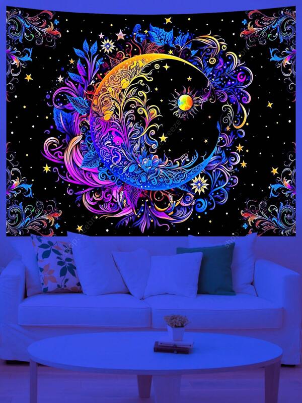 منديل حائط فني بطبعة أشكال هندسية القمر والشمس متفاعلة مع الأشعة فوق البنفسجية ، منديل لغرفة نمط هيبي، ديكور منزلي ، هدية للأصدقاء ، أعلام للغرفة، ديكورات الحائط