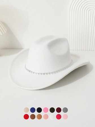 1pc Women's Bohemian Retro Street Chic Heart Rhinestone Decorated Western Cowgirl Cap, Suitable For Spring, Summer, Autumn And Winter, Casual Party Hat