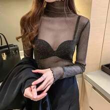 Fashion Sexy Women's T-Shirt Long Sleeve Transparent Beach Shirt - 黑色 - 查看 5