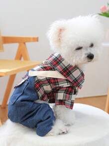 PETCIRCLE 1 件宠物服装，狗/猫装，秋冬新品，保暖内衬，加厚，保暖，红色格子工作服和裤子 - 藍色 - 查看 1