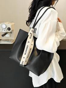 Women's Versatile Solid Color Handbag, Malist PU Leather Large Capacity Shoulder Bag With Silk Scarf Decor, Lightweight Large Capacity Shopping Bags For Daily Office Work, Fashion Waterproof Square Tote Bag Mom's Holiday Gifts, New In Fall/Winter Large Capacity Shoulder Tote Bag