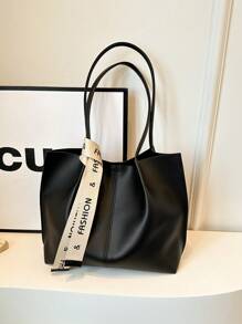 Women's Versatile Solid Color Handbag, Malist PU Leather Large Capacity Shoulder Bag With Silk Scarf Decor, Lightweight Large Capacity Shopping Bags For Daily Office Work, Fashion Waterproof Square Tote Bag Mom's Holiday Gifts, New In Fall/Winter Large Capacity Shoulder Tote Bag