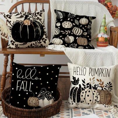 Set Of 4 Fall Hello Pumpkin Leaves Throw Pillow Covers - Seat Cushions With Autumn Thanksgiving Harvest Polka Dot Black Decorations For Sofa Couch