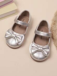 1 Pair Girls Bowknot Round Toe Shiny Sweet Cute Princess Style Flat Shoes Suitable For Banquet Parties Spring & Autumn