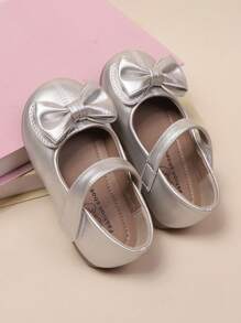 1 Pair Girls Bowknot Round Toe Shiny Sweet Cute Princess Style Flat Shoes Suitable For Banquet Parties Spring & Autumn