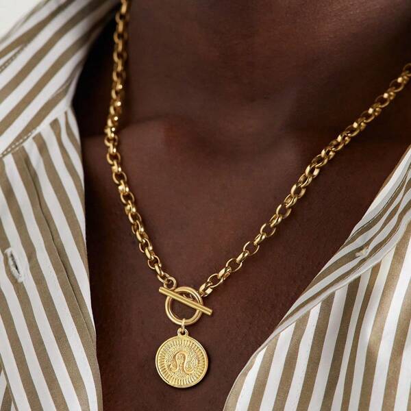 1pc New Simple Round Zodiac Pendant Fashion Gold Color Stainless Steel Chain Necklace For Men