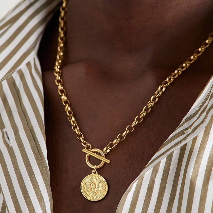 1pc New Simple Round Zodiac Pendant Fashion Gold Color Stainless Steel Chain Necklace For Men - Yellow Gold - View 1