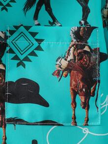 Tween Boy Western Cowboy & Cactus Print Long Sleeve Button-Up Shirt, Spring/Fall - Blue - View 5