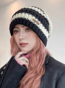 秋冬季复古条纹针织帽女加厚保暖贴边帽休闲无檐帽子男女户外防寒弹力宽松帽子