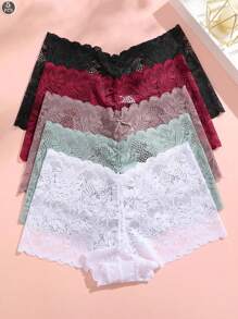 5 piezas/paquete Bragas tipo hipster de encaje transparente, de colores, con estilo, cómodas y transpirables, para dama - Multicolor - Ver 8