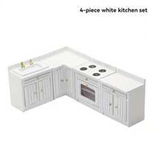1/12 Scale Wooden Dollhouse Miniature Kitchen Furniture Set - Includes Cabinet, Refrigerator, Stove, Sink And Counter, Suitable For Decorative Dollhouse, Pink Color