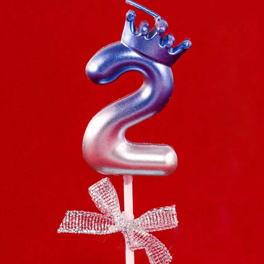 1 件蓝白相间彩色数字蜡烛皇冠蝴蝶结生日蛋糕蜡烛 0-9 周年派对装饰返校情人节