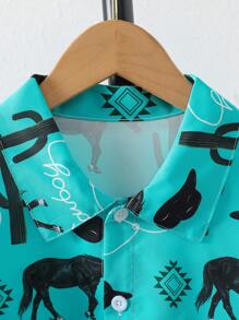 Tween Boy Western Cowboy & Cactus Print Long Sleeve Button-Up Shirt, Spring/Fall - Blue - View 3