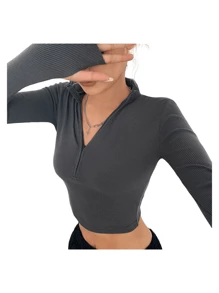 女士户外休闲高领长袖半拉链短款性感修身 T 恤 - 灰色 - 查看 6