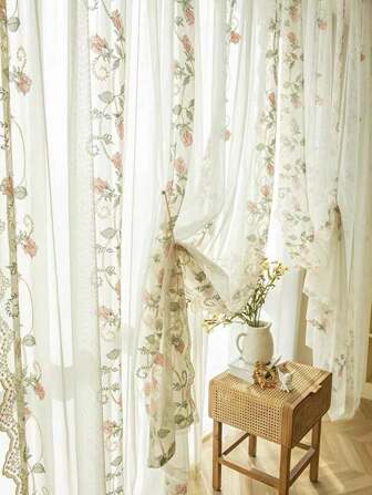 1 pieza de Cortina de tul con bordado estilo rural americano de alta gama con diseño de rosa, personalizada para sala de estar, balcón, ventana de bahía