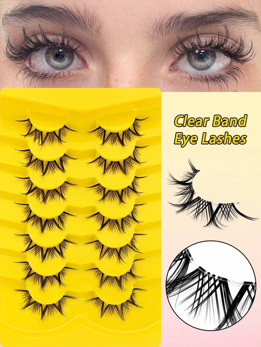 7对透明自然蓬松仿貂毛假睫毛套装，透明睫毛柄，3D浓密效果，交叉簇状设计，轻盈舒适，可重复使用 - 黑色 - 查看 1